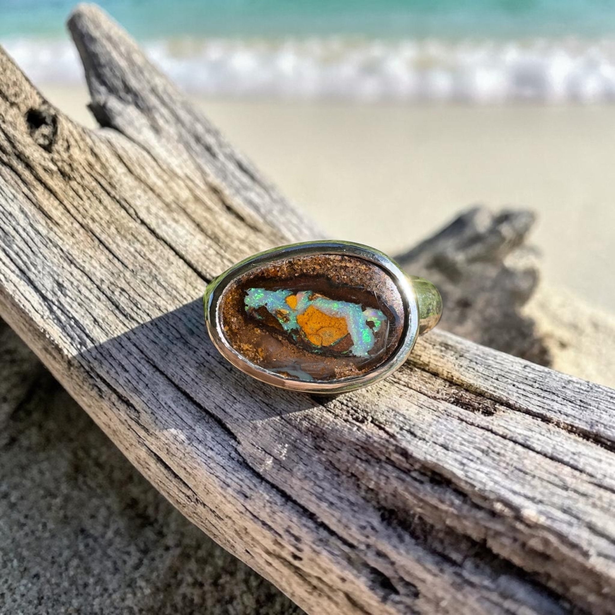 Outback to Ocean Spray ~ 4ct Solid Queensland Boulder Opal 925 Sterling Silver Ring