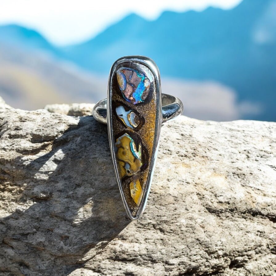 Outback to Ocean Whisper ~ 11.2ct Solid Queensland Boulder Opal 925 Sterling Silver Ring