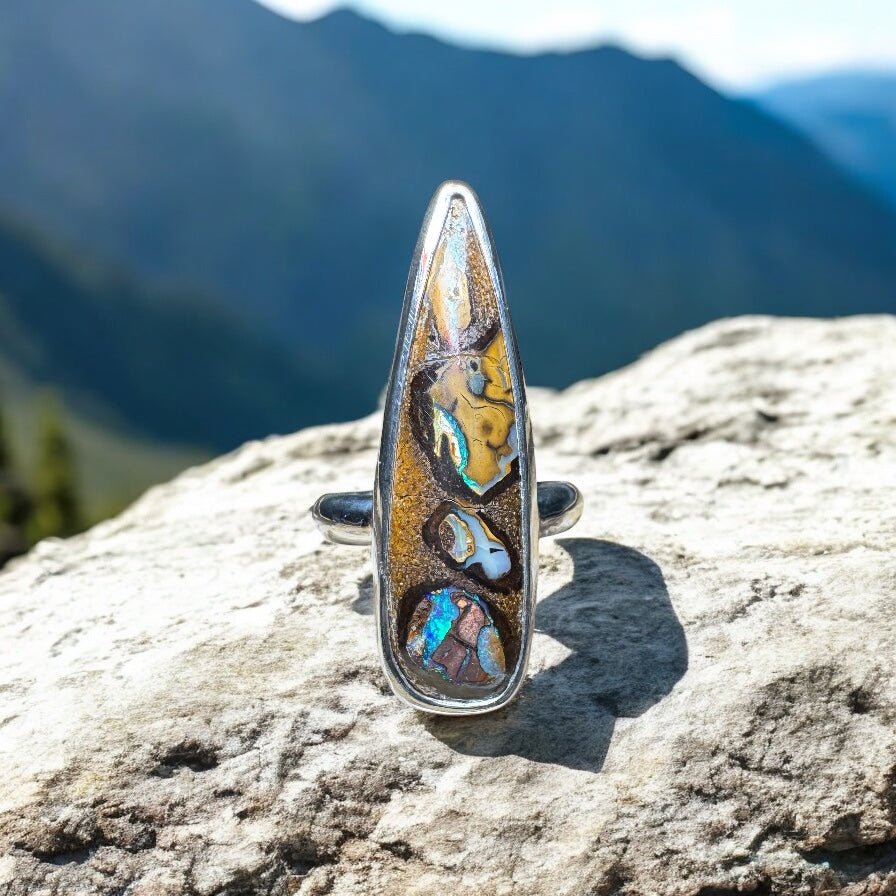 Outback to Ocean Whisper ~ 11.2ct Solid Queensland Boulder Opal 925 Sterling Silver Ring