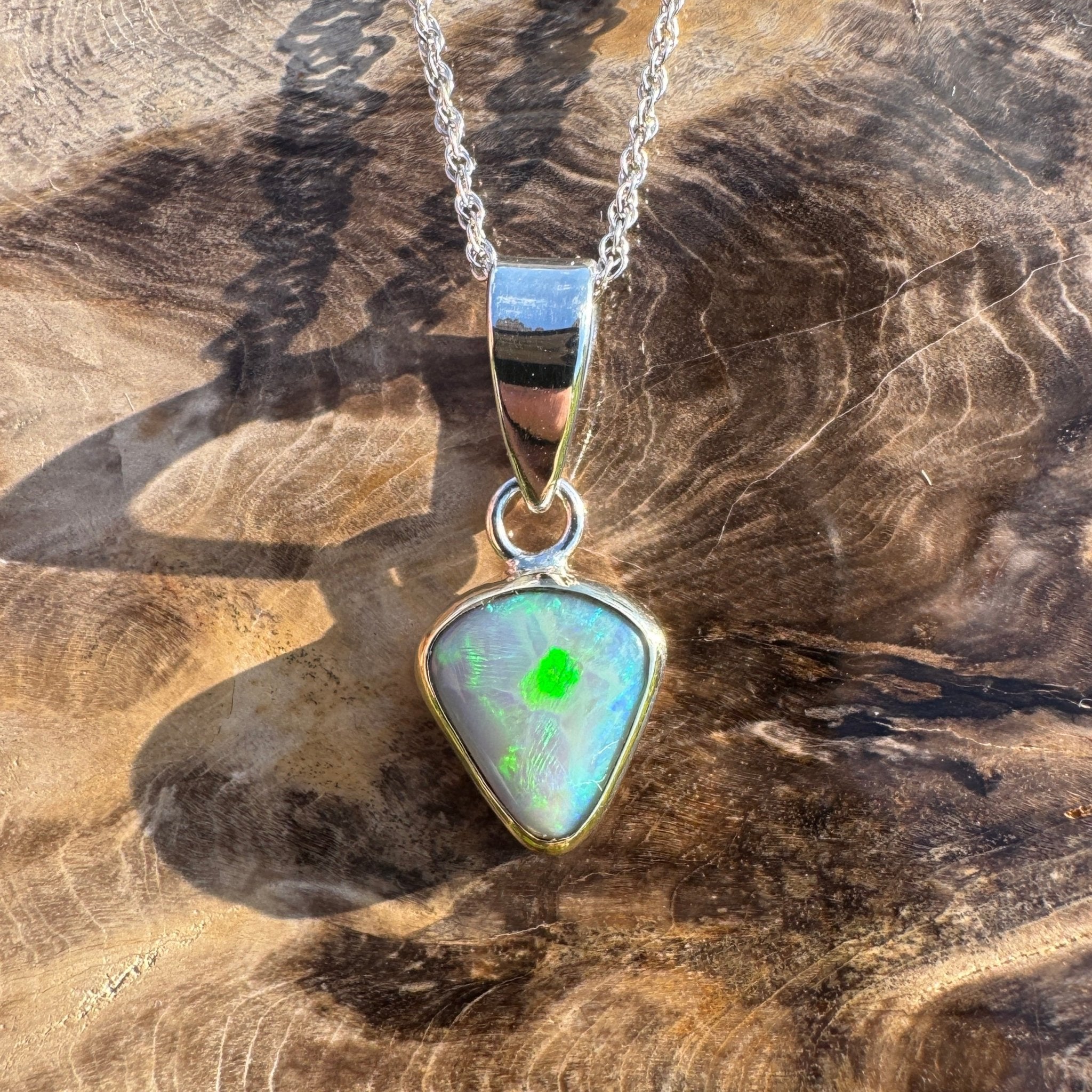 Pacific Stream ~ 3ct Solid Lightning Ridge Opal Two - tone 9ct Gold and 925 Sterling Silver Pendant Necklace