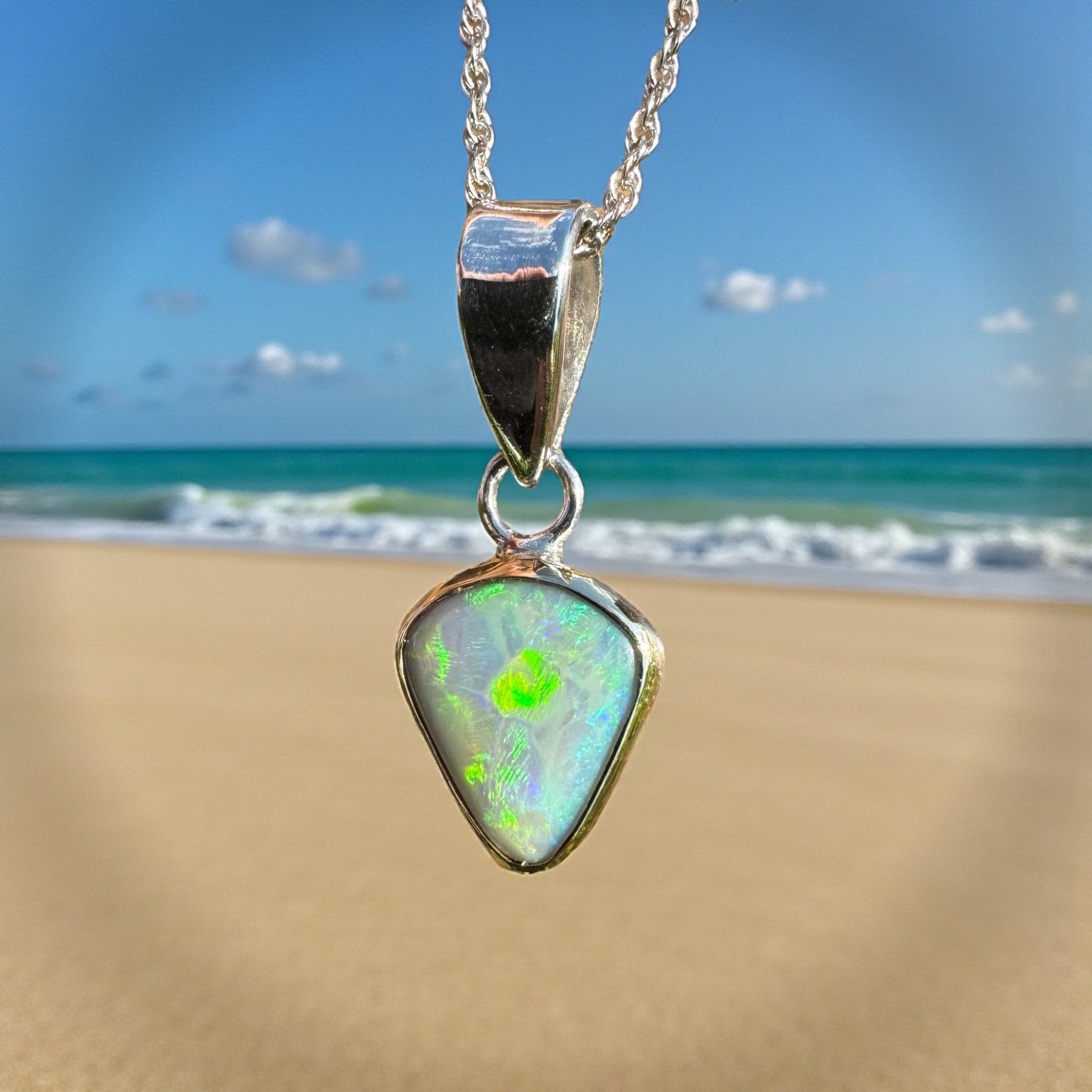 Pacific Stream ~ 3ct Solid Lightning Ridge Opal Two - tone 9ct Gold and 925 Sterling Silver Pendant Necklace
