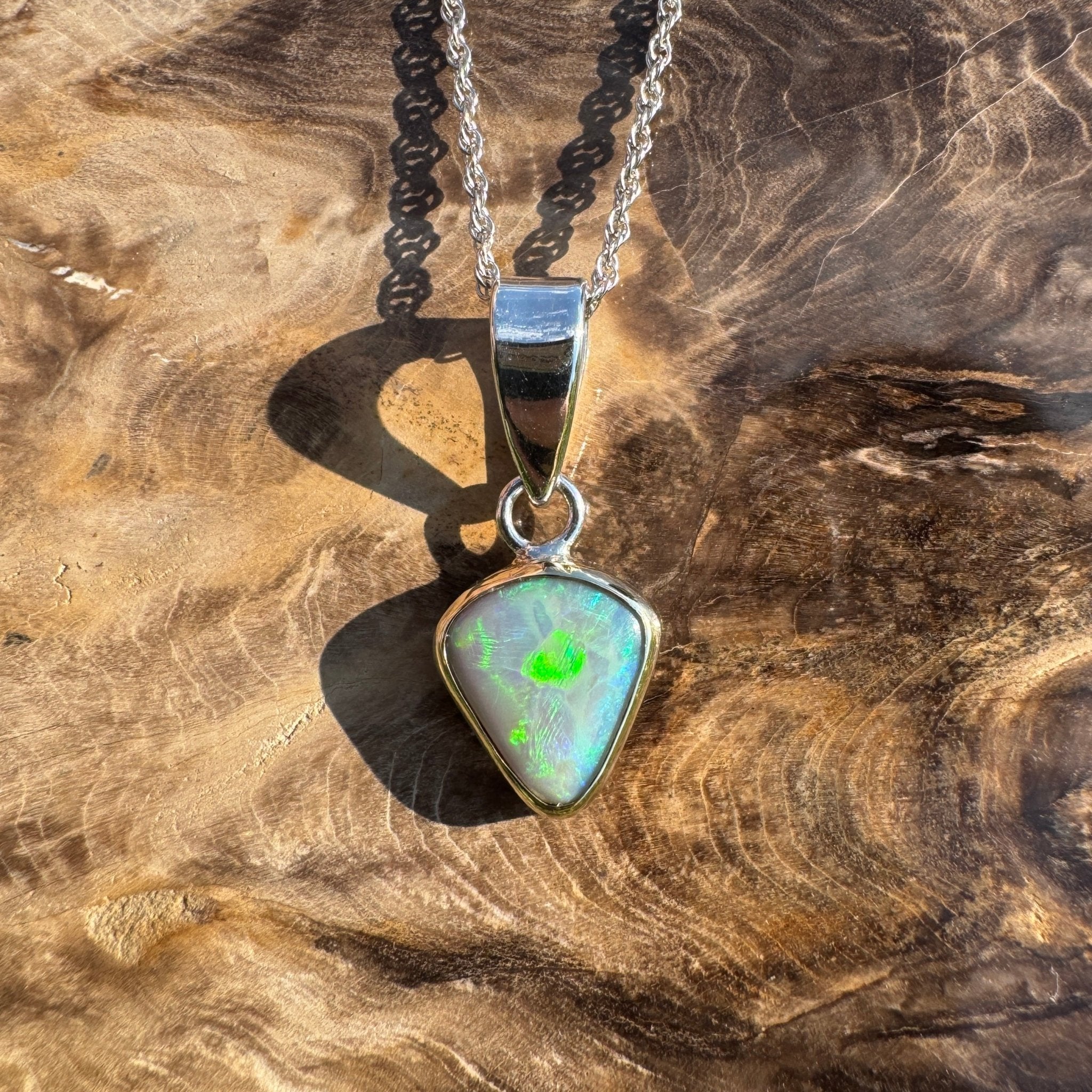 Pacific Stream ~ 3ct Solid Lightning Ridge Opal Two - tone 9ct Gold and 925 Sterling Silver Pendant Necklace