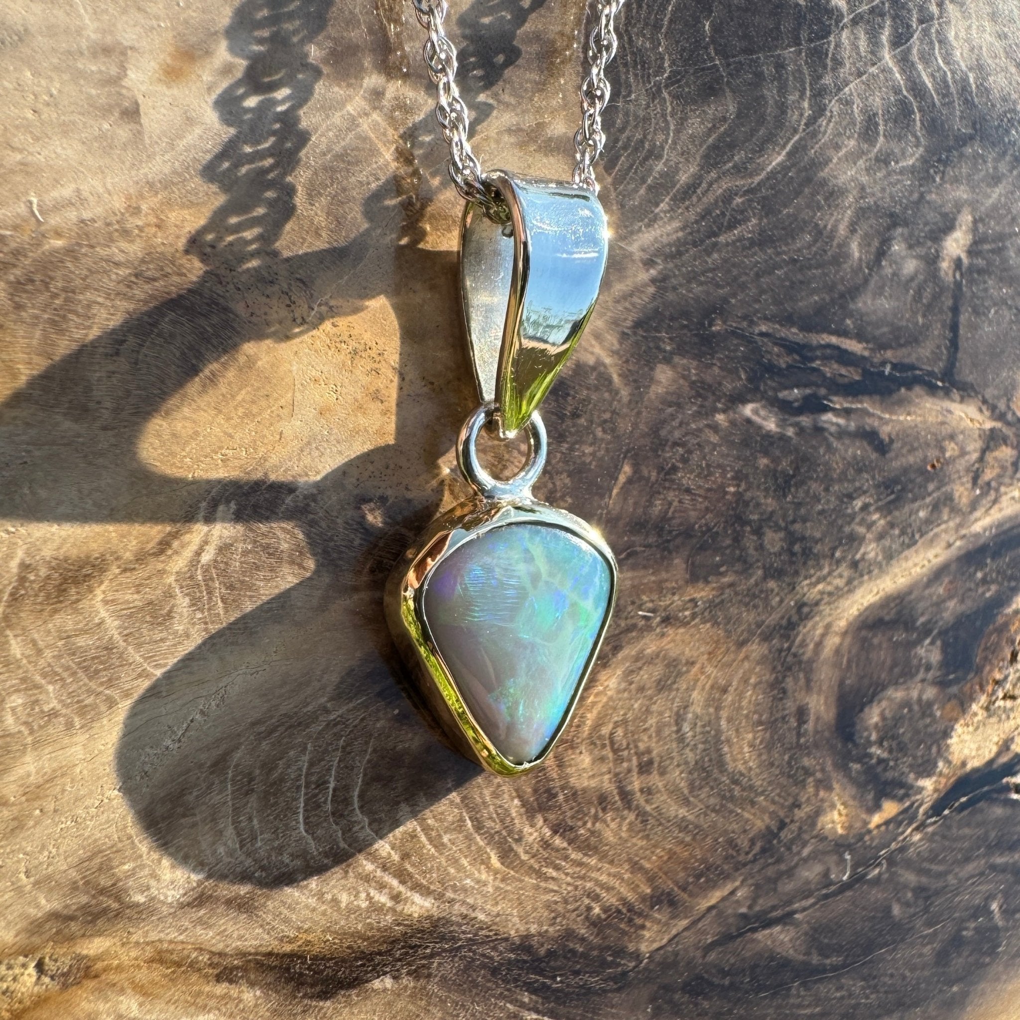 Pacific Stream ~ 3ct Solid Lightning Ridge Opal Two - tone 9ct Gold and 925 Sterling Silver Pendant Necklace