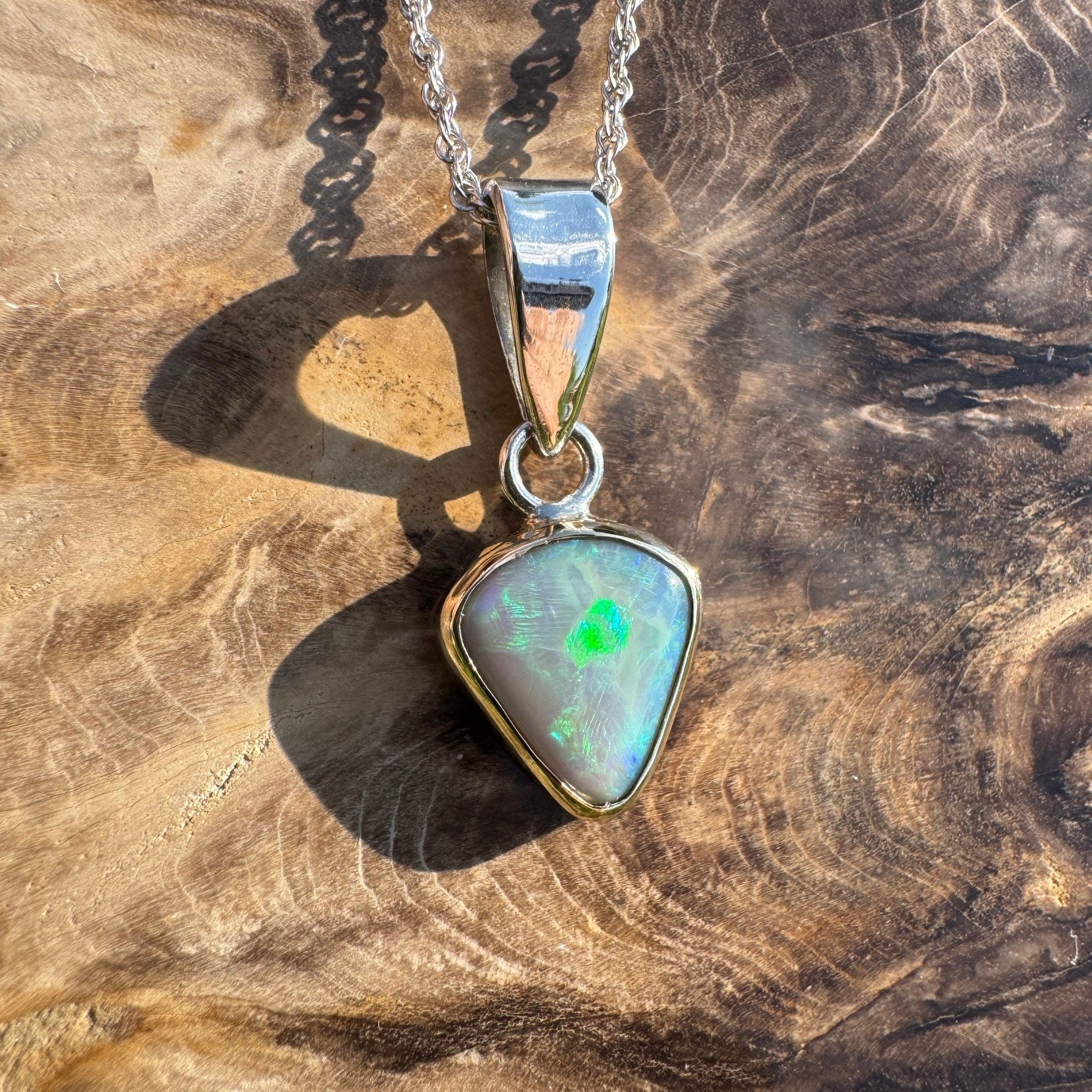 Pacific Stream ~ 3ct Solid Lightning Ridge Opal Two - tone 9ct Gold and 925 Sterling Silver Pendant Necklace