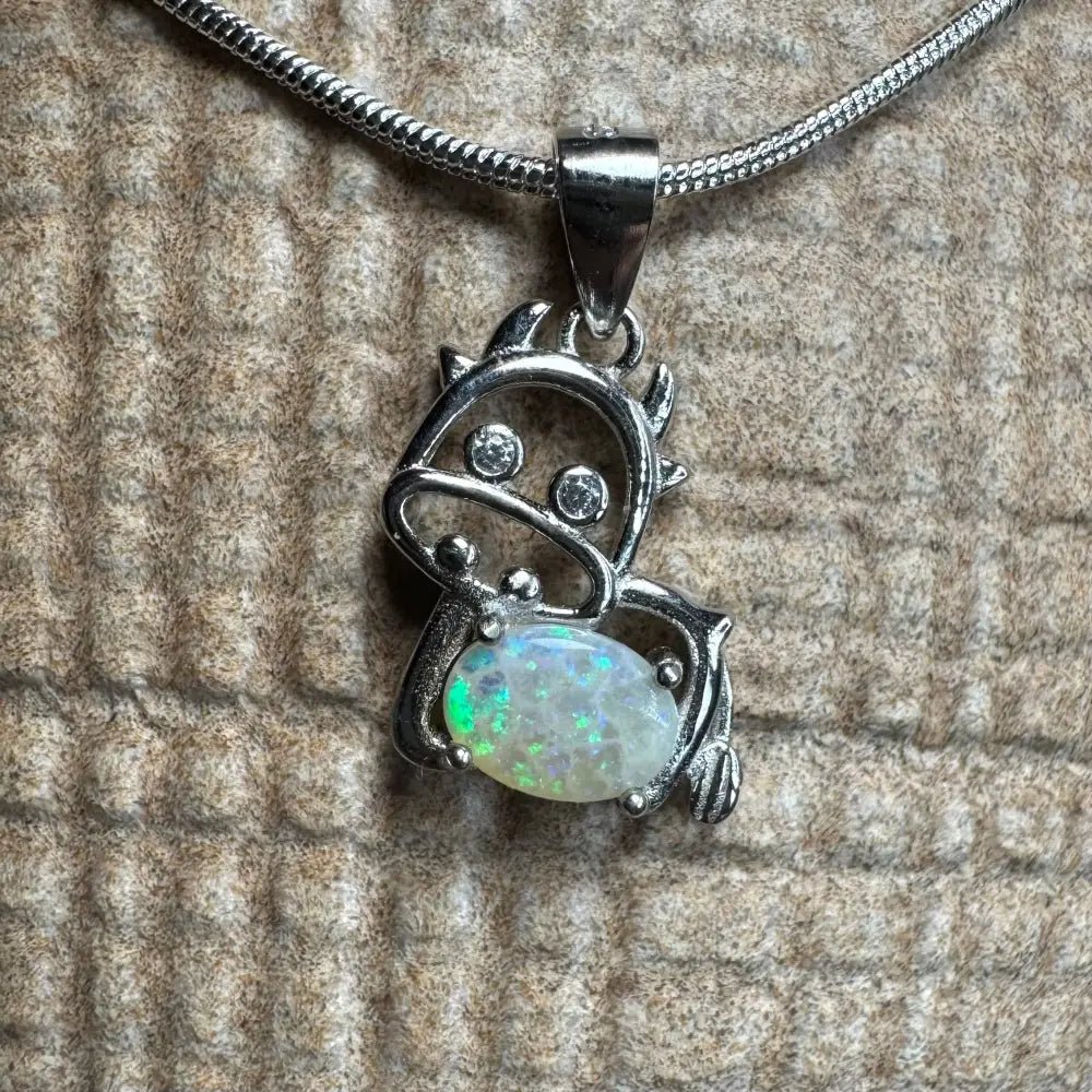 'Pastoral Charm' ~ Handcrafted 0.4ct Solid Lightning Ridge Opal and Cubic Zirconia 925 Sterling Silver Cow Pendant