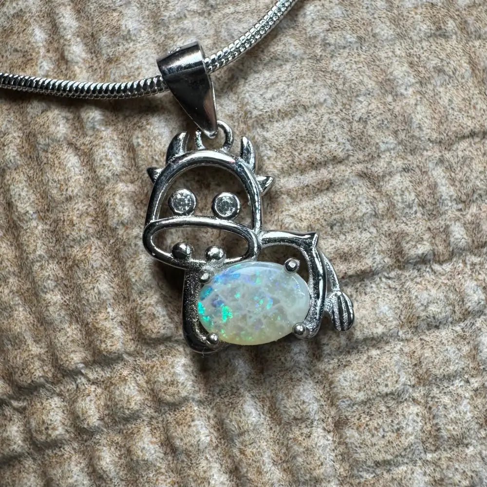 'Pastoral Charm' ~ Handcrafted 0.4ct Solid Lightning Ridge Opal and Cubic Zirconia 925 Sterling Silver Cow Pendant