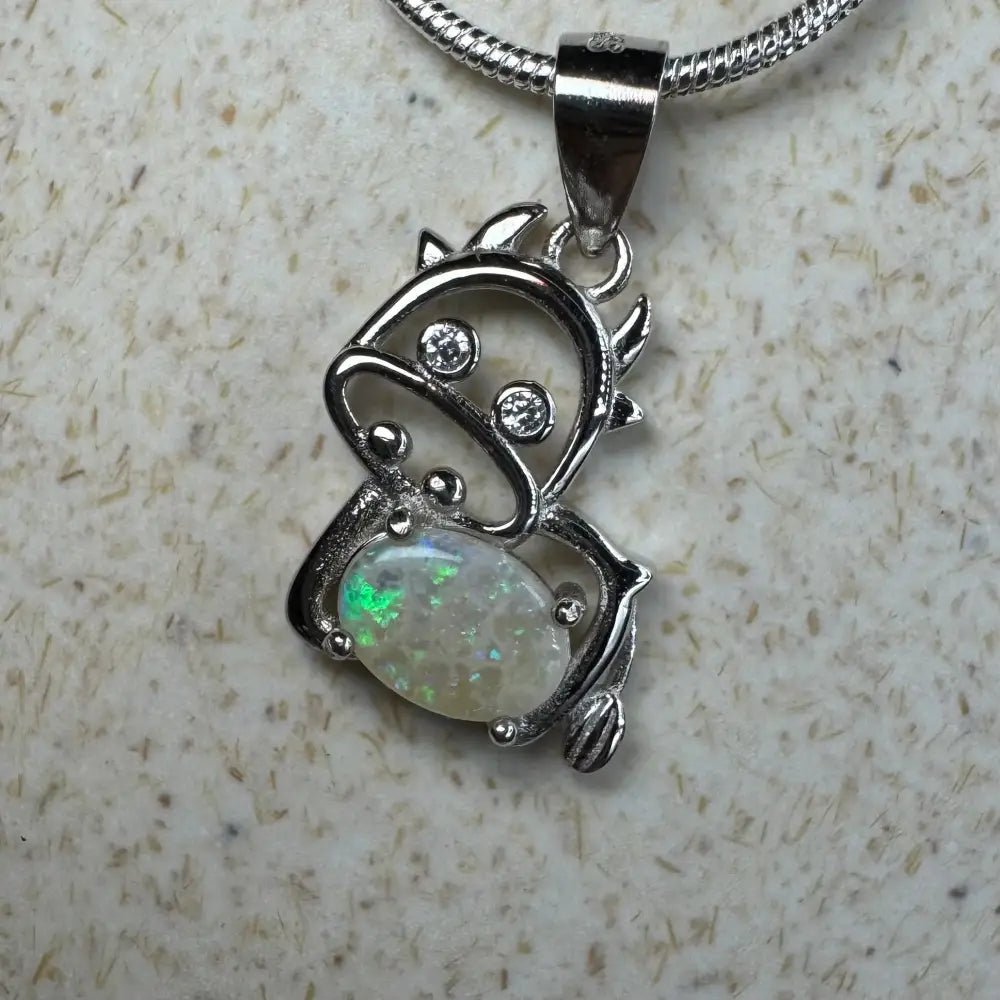 'Pastoral Charm' ~ Handcrafted 0.4ct Solid Lightning Ridge Opal and Cubic Zirconia 925 Sterling Silver Cow Pendant
