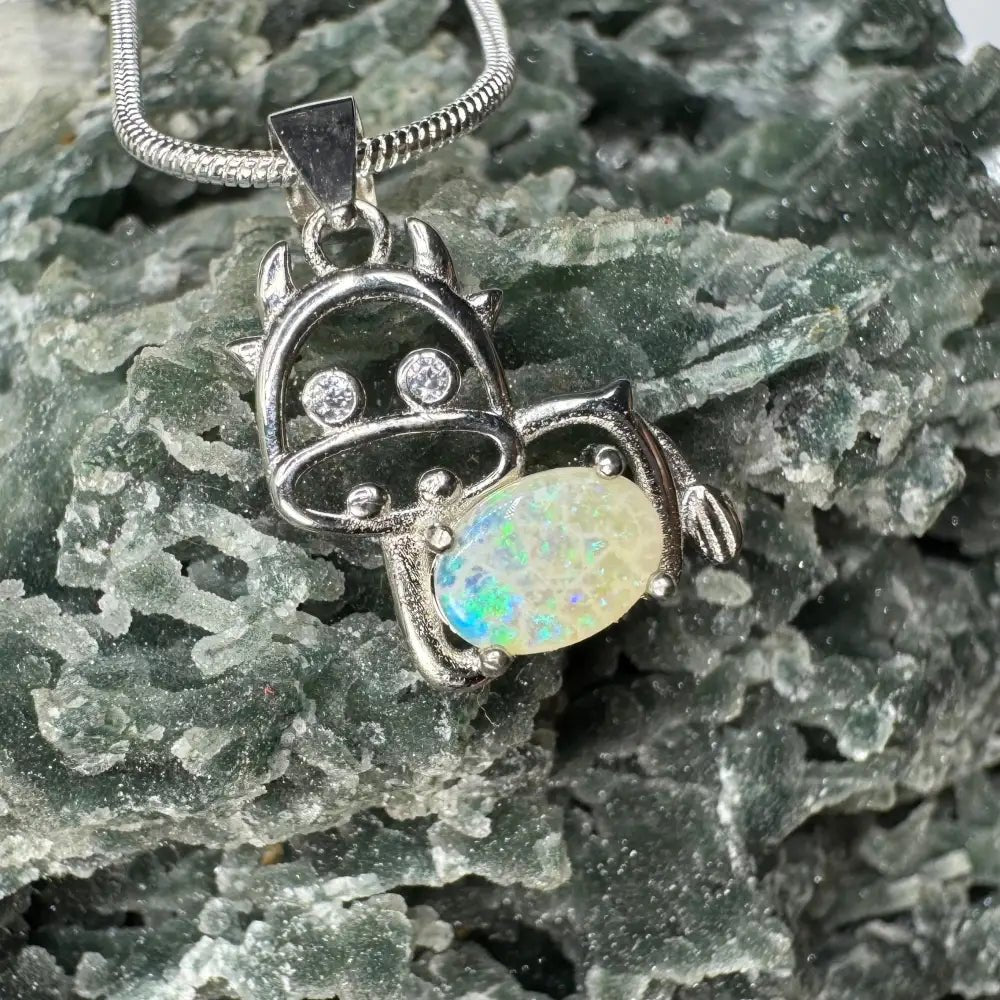 'Pastoral Charm' ~ Handcrafted 0.4ct Solid Lightning Ridge Opal and Cubic Zirconia 925 Sterling Silver Cow Pendant