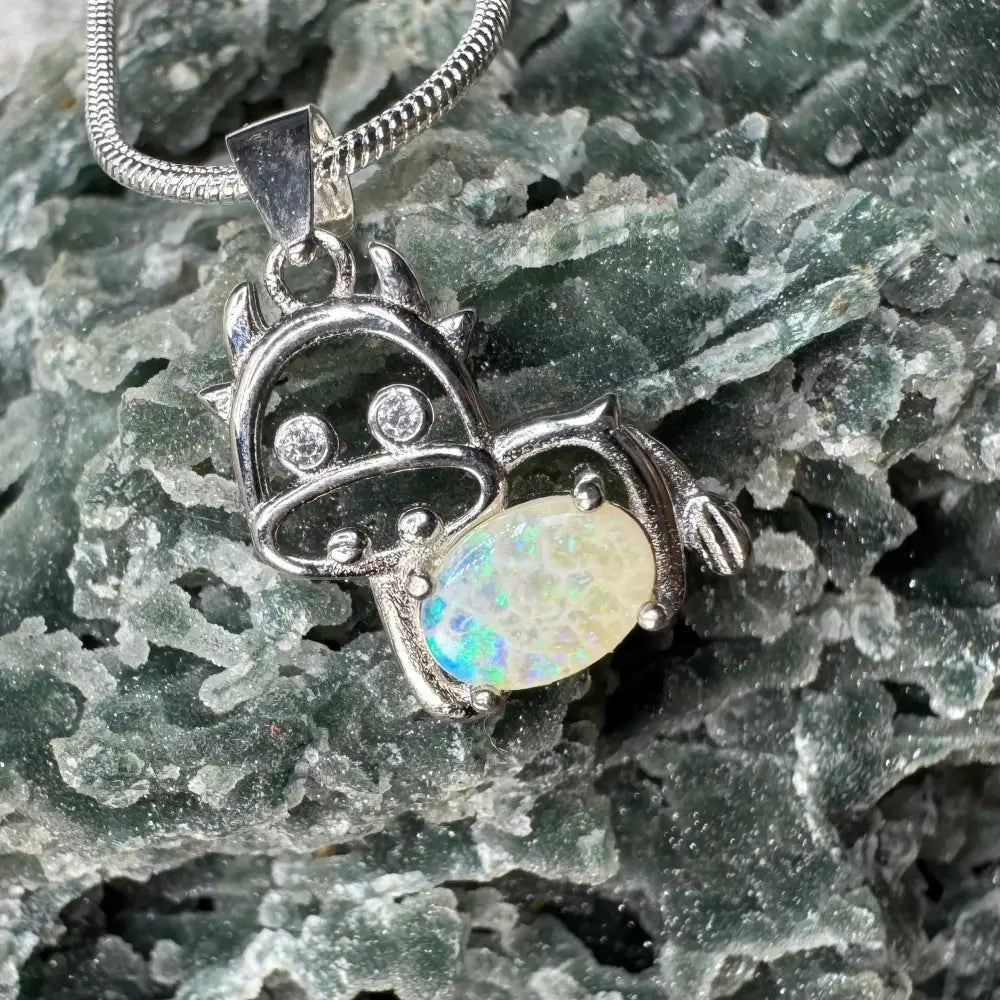 'Pastoral Charm' ~ Handcrafted 0.4ct Solid Lightning Ridge Opal and Cubic Zirconia 925 Sterling Silver Cow Pendant