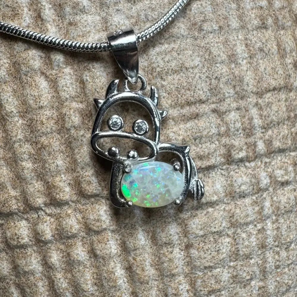 'Pastoral Charm' ~ Handcrafted 0.4ct Solid Lightning Ridge Opal and Cubic Zirconia 925 Sterling Silver Cow Pendant