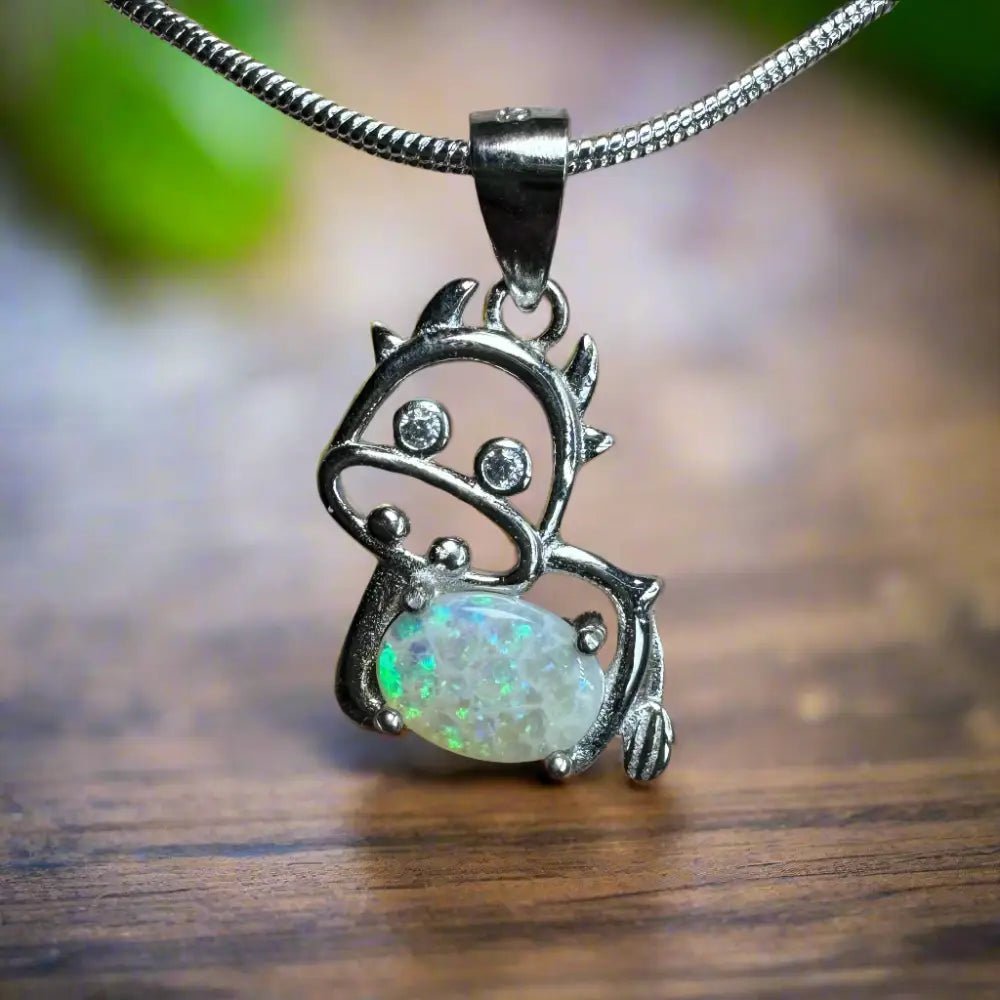 'Pastoral Charm' ~ Handcrafted 0.4ct Solid Lightning Ridge Opal and Cubic Zirconia 925 Sterling Silver Cow Pendant