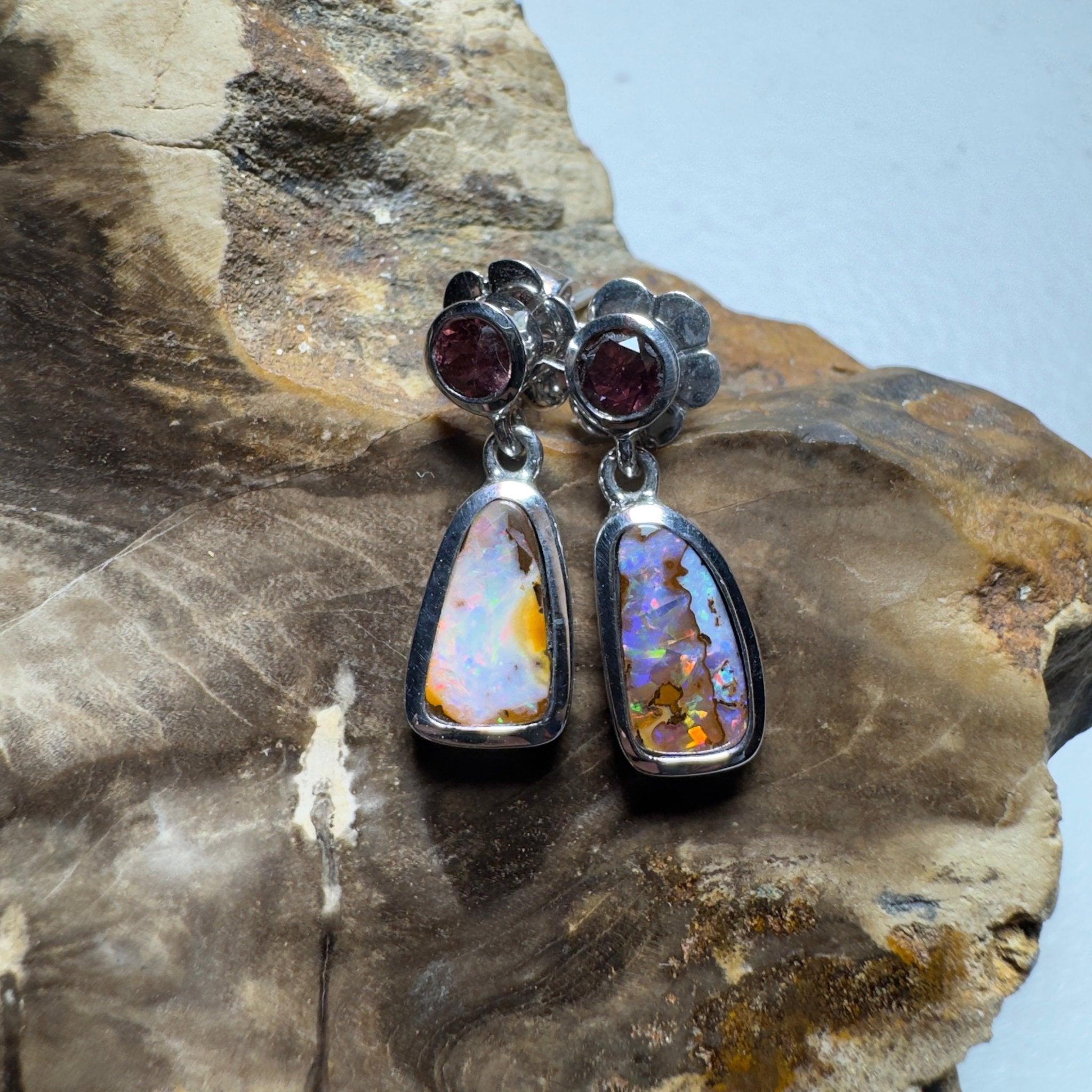 Pink Lake Pastel ~ Handcrafted 1.1ct Pink Tourmaline and 4.7ct Solid Queensland Boulder Opal 925 Silver Earrings