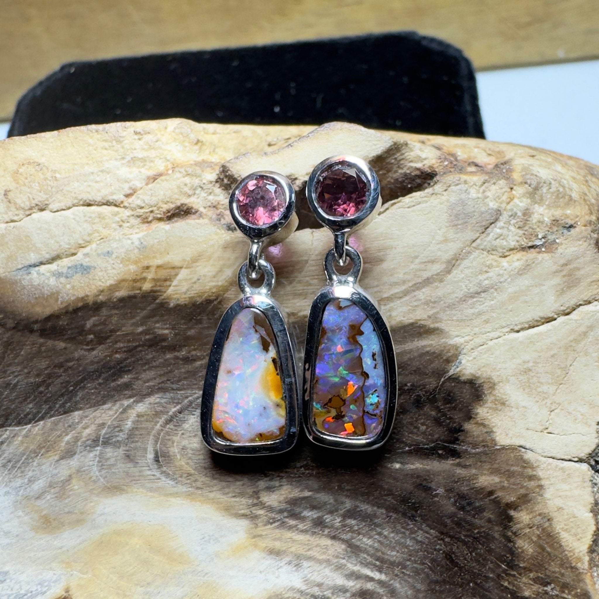 Pink Lake Pastel ~ Handcrafted 1.1ct Pink Tourmaline and 4.7ct Solid Queensland Boulder Opal 925 Silver Earrings
