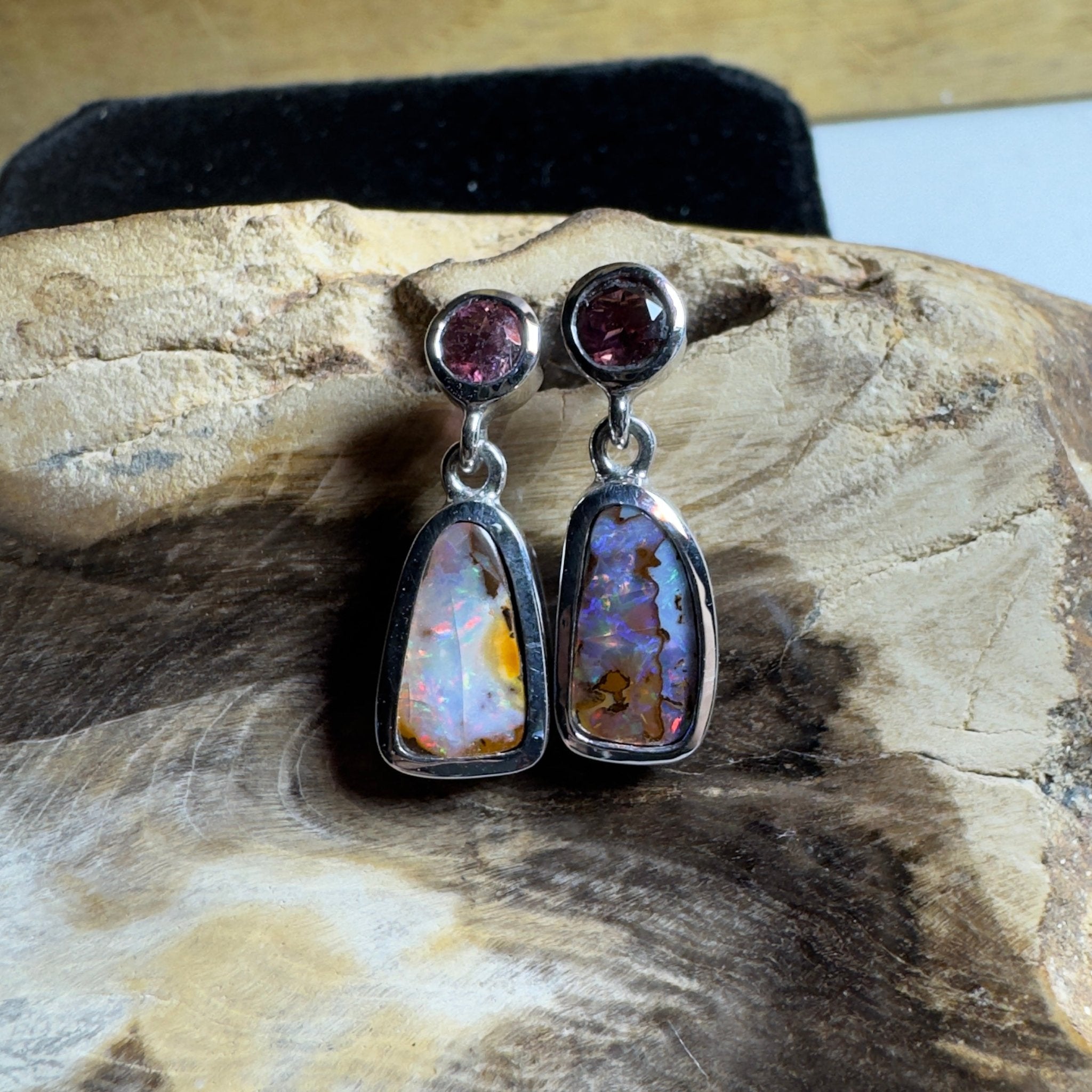 Pink Lake Pastel ~ Handcrafted 1.1ct Pink Tourmaline and 4.7ct Solid Queensland Boulder Opal 925 Silver Earrings