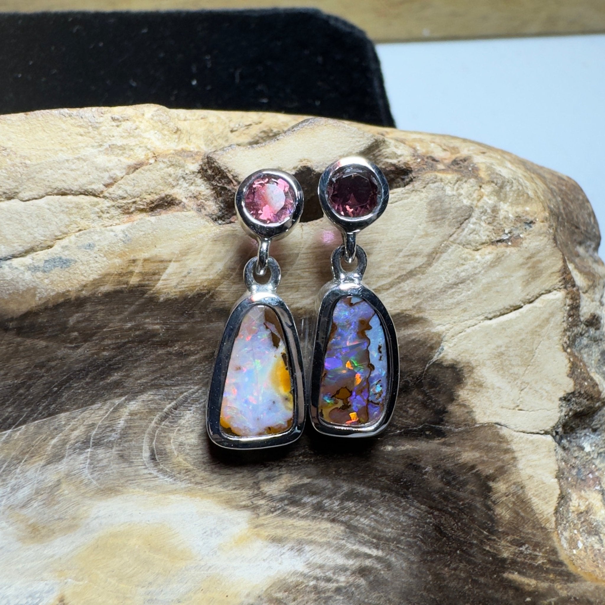 Pink Lake Pastel ~ Handcrafted 1.1ct Pink Tourmaline and 4.7ct Solid Queensland Boulder Opal 925 Silver Earrings