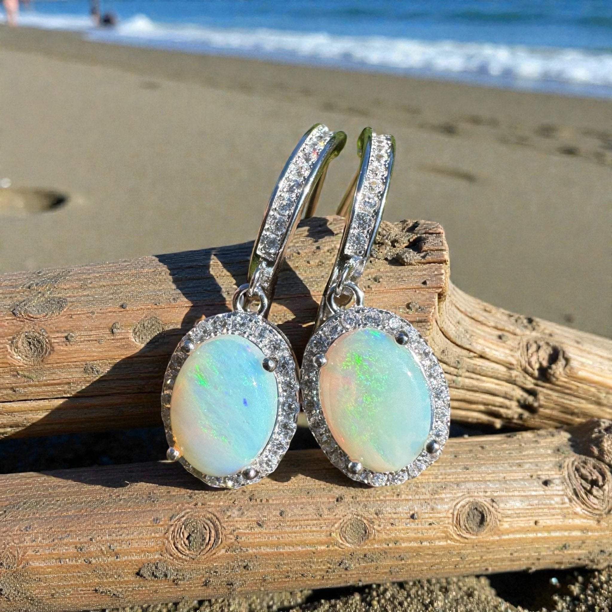 Port Fairy Mornrise ~ 1.4ct Solid Lightning Ridge Opal and Cubic Zirconia Sterling Silver Earrings