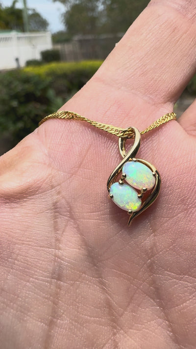 0.9ct Lightning Ridge Opal Pendant Necklace ~ 'Mission Beach Duo' | 14ct Yellow Gold | Solid Australian Opal