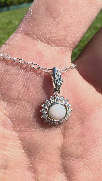 0.4ct Coober Pedy Opal & Cubic Zirconia Halo Pendant Necklace ~ 'Sydney Harbour Halo' | 925 Sterling Silver | Solid Australian Opal