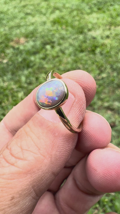 1.1ct Lightning Ridge Semi Black Opal Ring ~ 'Pilbara Firelight' | 9ct Yellow Gold | Solid Australian Opal