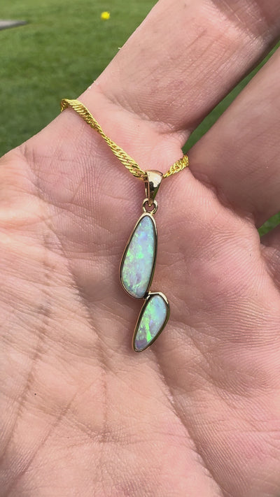 1.9ct Coober Pedy Crystal Opal Pendant Necklace ~ 'Freycinet Twins' | 14ct Yellow Gold | Solid Australian Opal