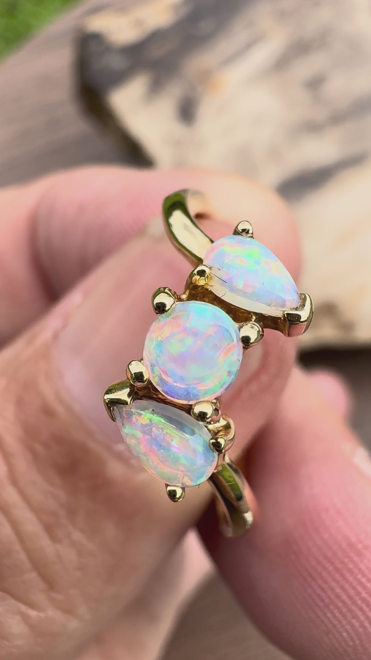 0.4ct Lightning Ridge Opal Ring ~ 'Tamar Valley Trio' | 14ct Yellow Gold | Solid Australian Opal
