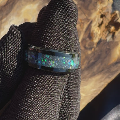 Handmade Australian Opal Ring Black Surgical Steel Size M (6 1/2)