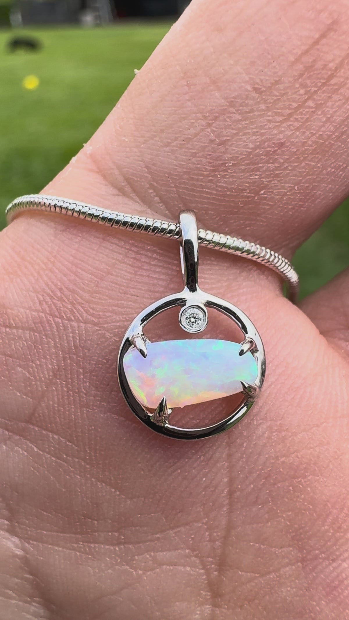 0.5ct Lightning Ridge Crystal Opal & Diamond Pendant Necklace ~ 'Jervis Bay Shimmer' | 14ct White Gold | Solid Australian Opal