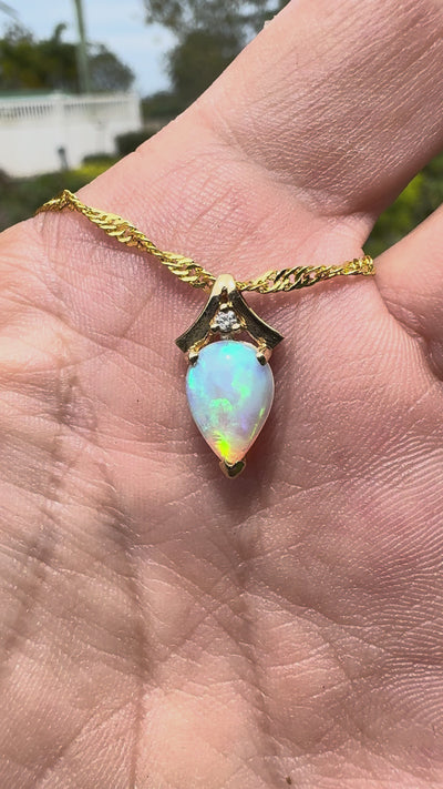 1ct Coober Pedy Crystal Opal & Diamond Pendant Necklace ~ 'Lake Argyle Blues' | 14ct Yellow Gold | Solid Australian Opal