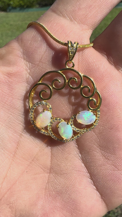 1.8ct Lightning Ridge Opal & Cubic Zirconia Trio Pendant Necklace ~ 'Hill End Trio Gold' | Yellow Gold Coated 925 Sterling Silver | Solid Australian Opal