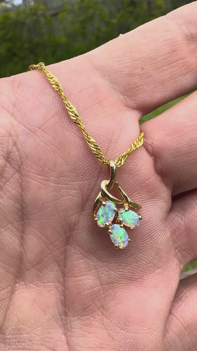 0.6ct Lightning Ridge Opal Pendant Necklace ~ 'Three Sisters Glow' | 14ct Yellow Gold | Solid Australian Opal