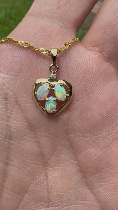 0.5ct Coober Pedy Opal & Diamond Heart Pendant Necklace ~ 'Hanging Rock Heart' | 14ct Yellow Gold | Solid Australian Opal