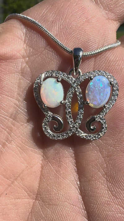 1.6ct Coober Pedy & Lightning Ridge Opal & Cubic Zirconia Butterfly Pendant Necklace ~ 'Mount Glorious Wings' | 925 Sterling Silver | Solid Australian Opal