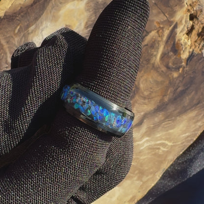 Handmade Australian Opal Ring Black Surgical Steel Size P (7 3/4)