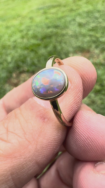 1.1ct Lightning Ridge Semi Black Opal Ring ~ 'Pilbara Firelight' | 9ct Yellow Gold | Solid Australian Opal