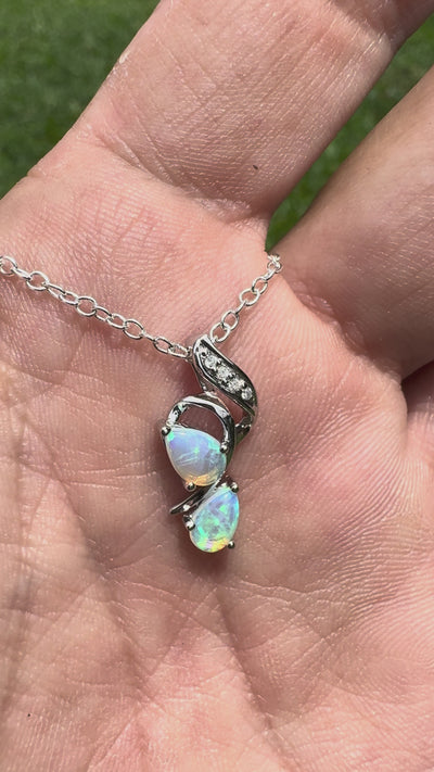 0.5ct Lightning Ridge Crystal Opal & Diamond Pendant Necklace ~ 'Mossman Gorge Blues' | 14ct White Gold | Solid Australian Opal