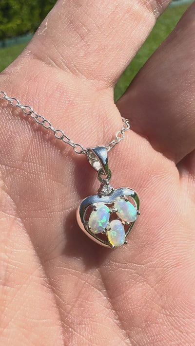 0.5ct Coober Pedy Crystal Opal & Diamond Heart Pendant Necklace ~ 'Wineglass Bay Heart' | 14ct White Gold | Solid Australian Opal