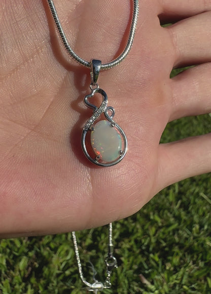 Handcrafted 1.0ct Solid Lightning Ridge Opal and Cubic Zirconia Sterling Silver Pendant Necklace