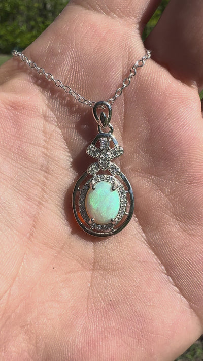 1ct Lightning Ridge Crystal Opal & Cubic Zirconia Pendant Necklace ~ 'Second Valley Greens' | 925 Sterling Silver | Solid Australian Opal