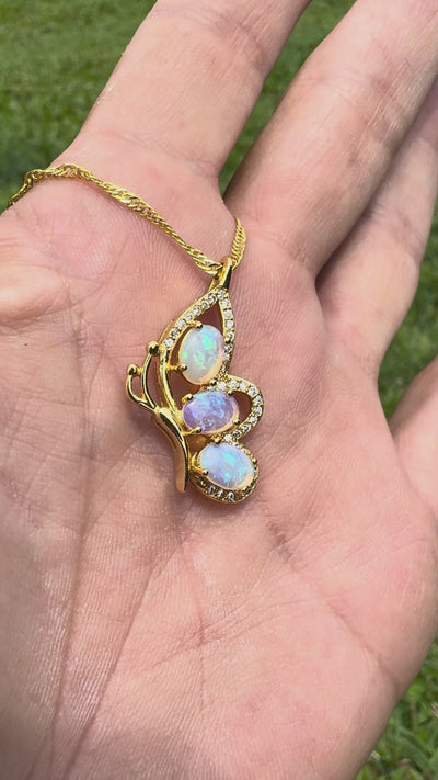 1.5ct Lightning Ridge Opal & Cubic Zirconia Butterfly Pendant Necklace ~ 'Paluma Wings' | Yellow Gold Coated 925 Sterling Silver | Solid Australian Opal