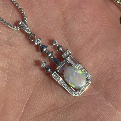 'Castle on the Hill' ~ Handcrafted 1.0ct Solid Lightning Ridge Opal and Cubic Zirconia Sterling Silver Leaf Pendant