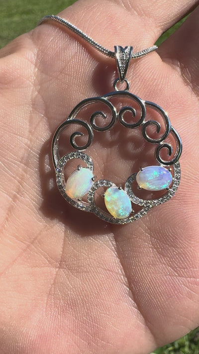 1.8ct Lightning Ridge Crystal Opal & Cubic Zirconia Trio Pendant Necklace ~ 'Granite Belt Trio' | 925 Sterling Silver | Solid Australian Opal