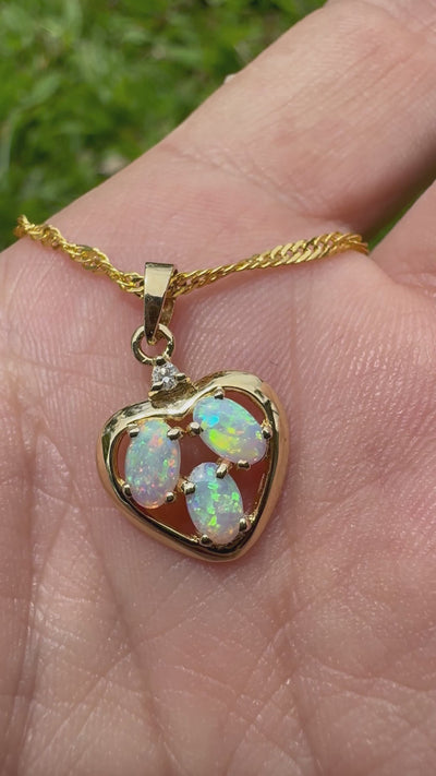 0.5ct Coober Pedy Opal & Diamond Heart Pendant Necklace ~ 'Hanging Rock Heart' | 14ct Yellow Gold | Solid Australian Opal