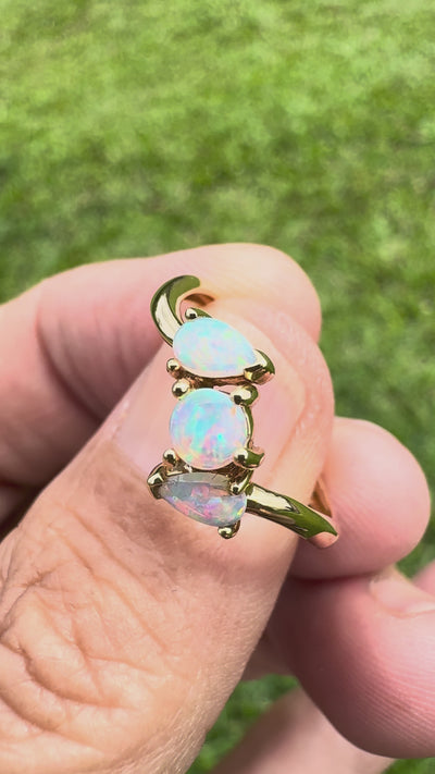 0.4ct Lightning Ridge Opal Ring ~ 'Tamar Valley Trio' | 14ct Yellow Gold | Solid Australian Opal