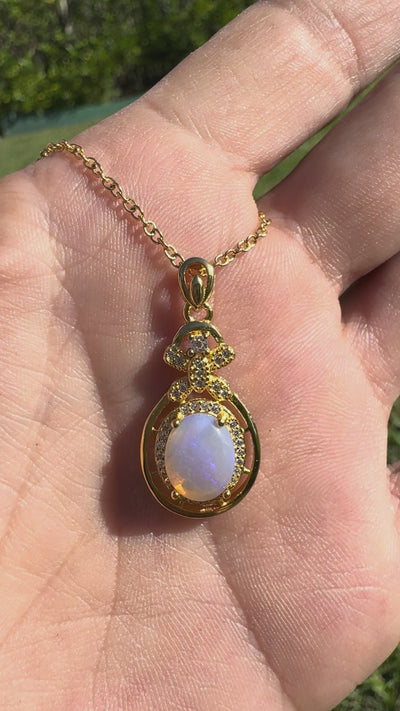 1.2ct Lightning Ridge Crystal Opal & Cubic Zirconia Pendant Necklace ~ 'Norseman Gold' | Yellow Gold Coated 925 Sterling Silver | Solid Australian Opal