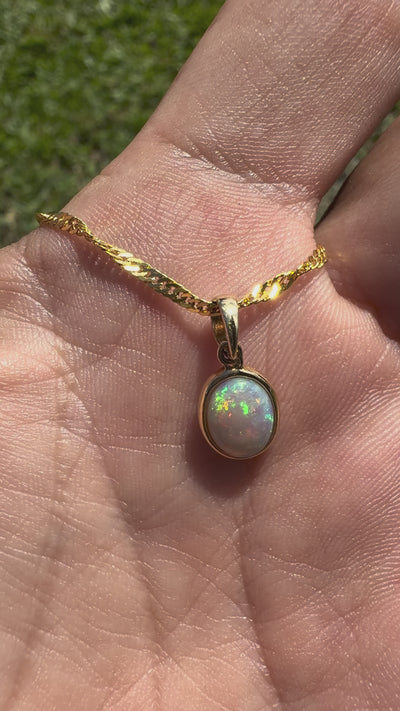 0.9ct Coober Pedy Opal Pendant Necklace ~ 'Cockle Creek Halo' | 14ct Yellow Gold | Solid Australian Opal