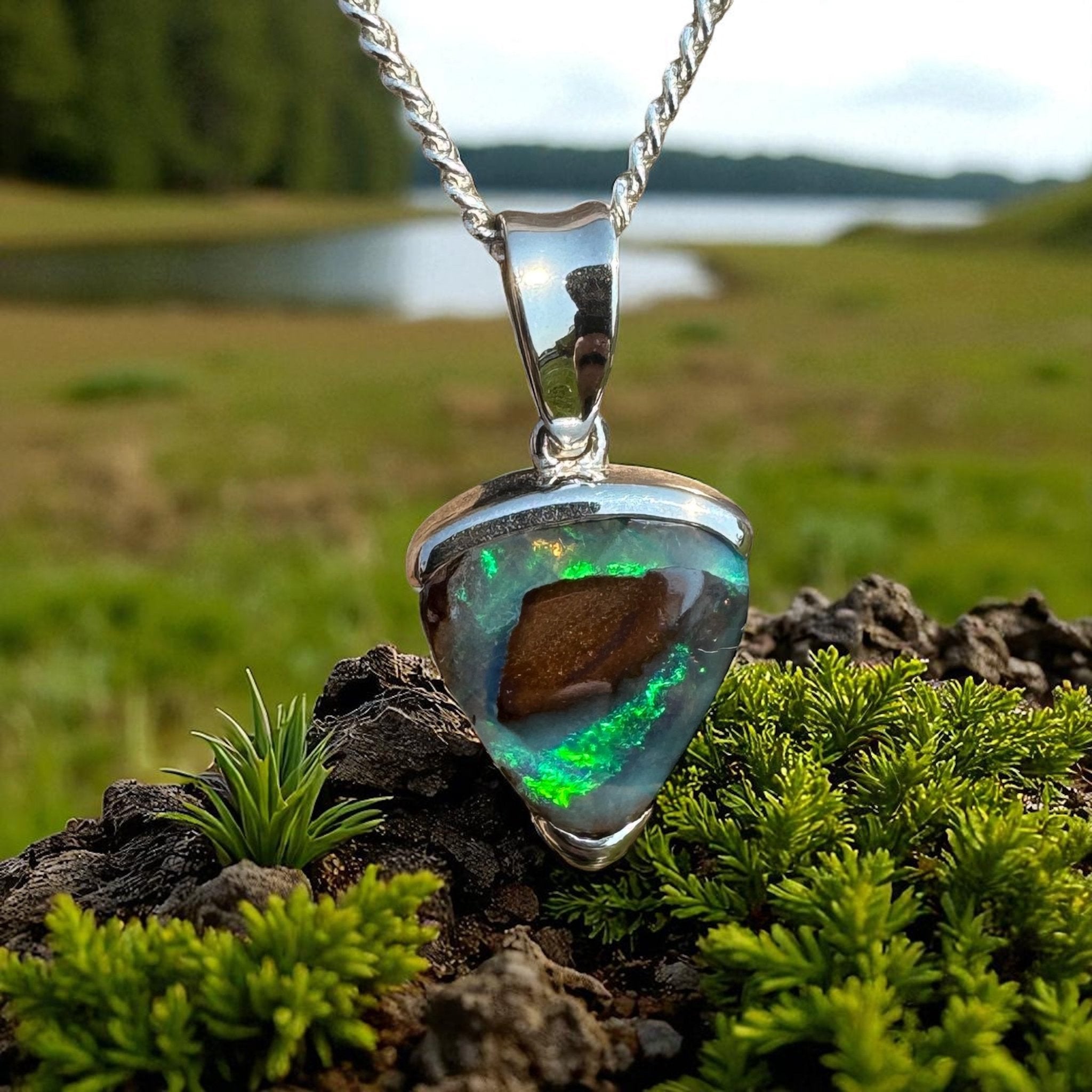 Queensland Boulder Opal 925 Sterling Silver Pendant Necklace