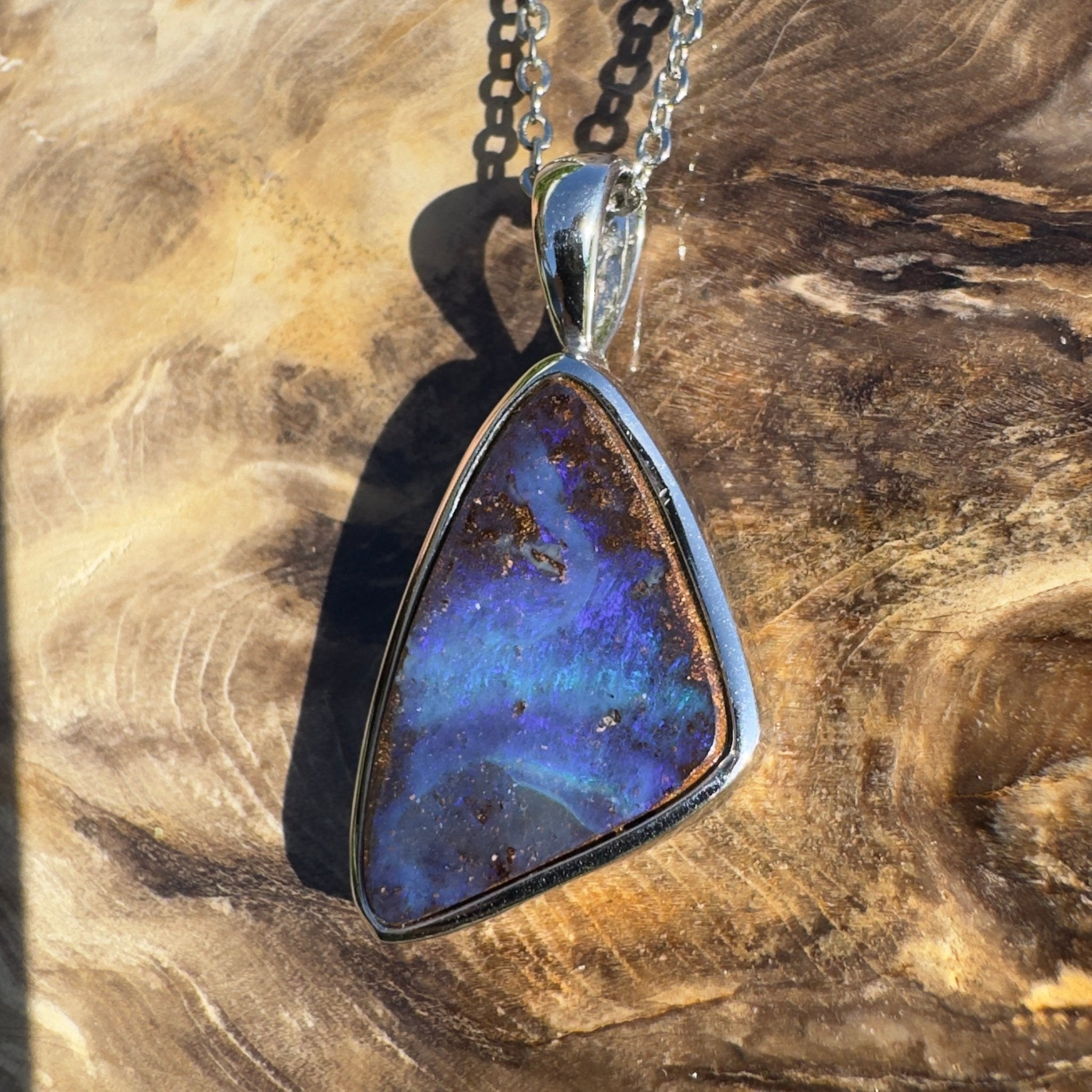 Queensland Deep Tide ~ Queensland Boulder Opal 925 Sterling Silver Pendant Necklace
