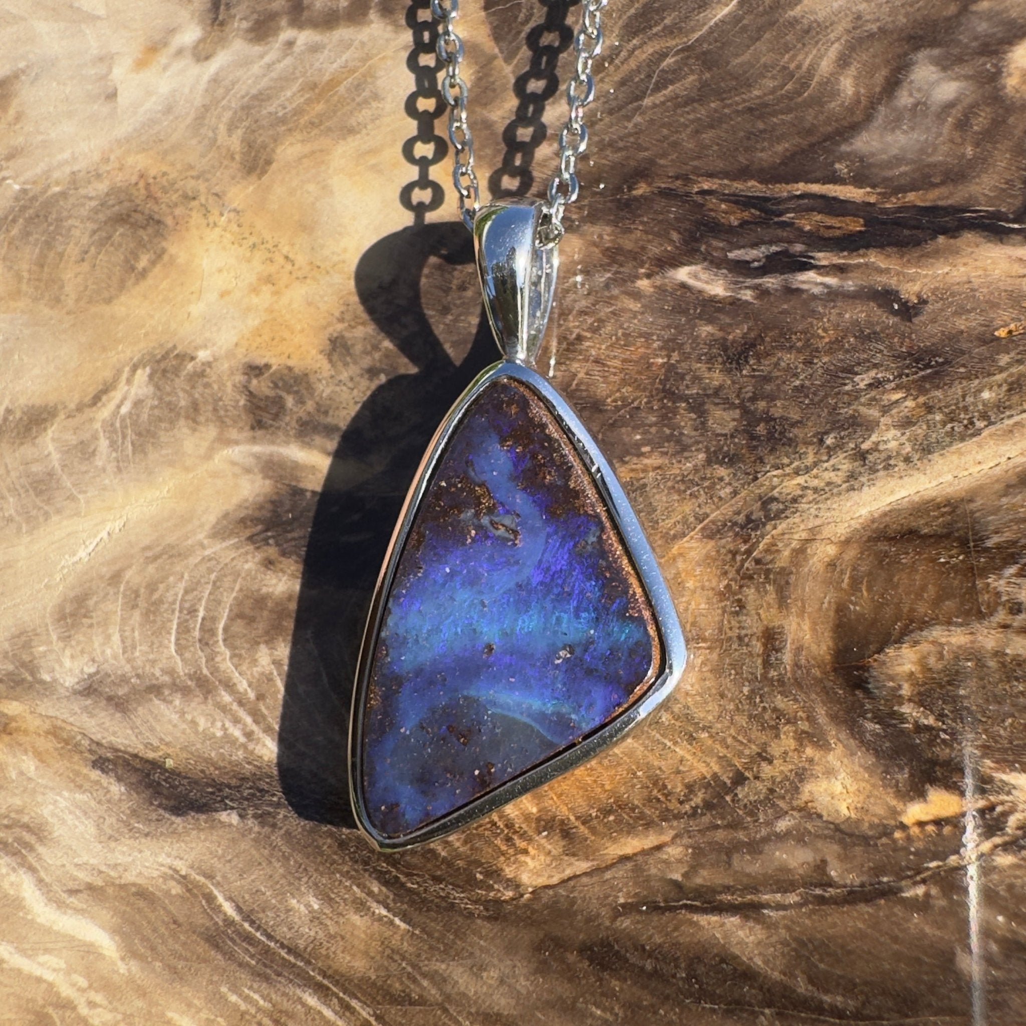 Queensland Deep Tide ~ Queensland Boulder Opal 925 Sterling Silver Pendant Necklace