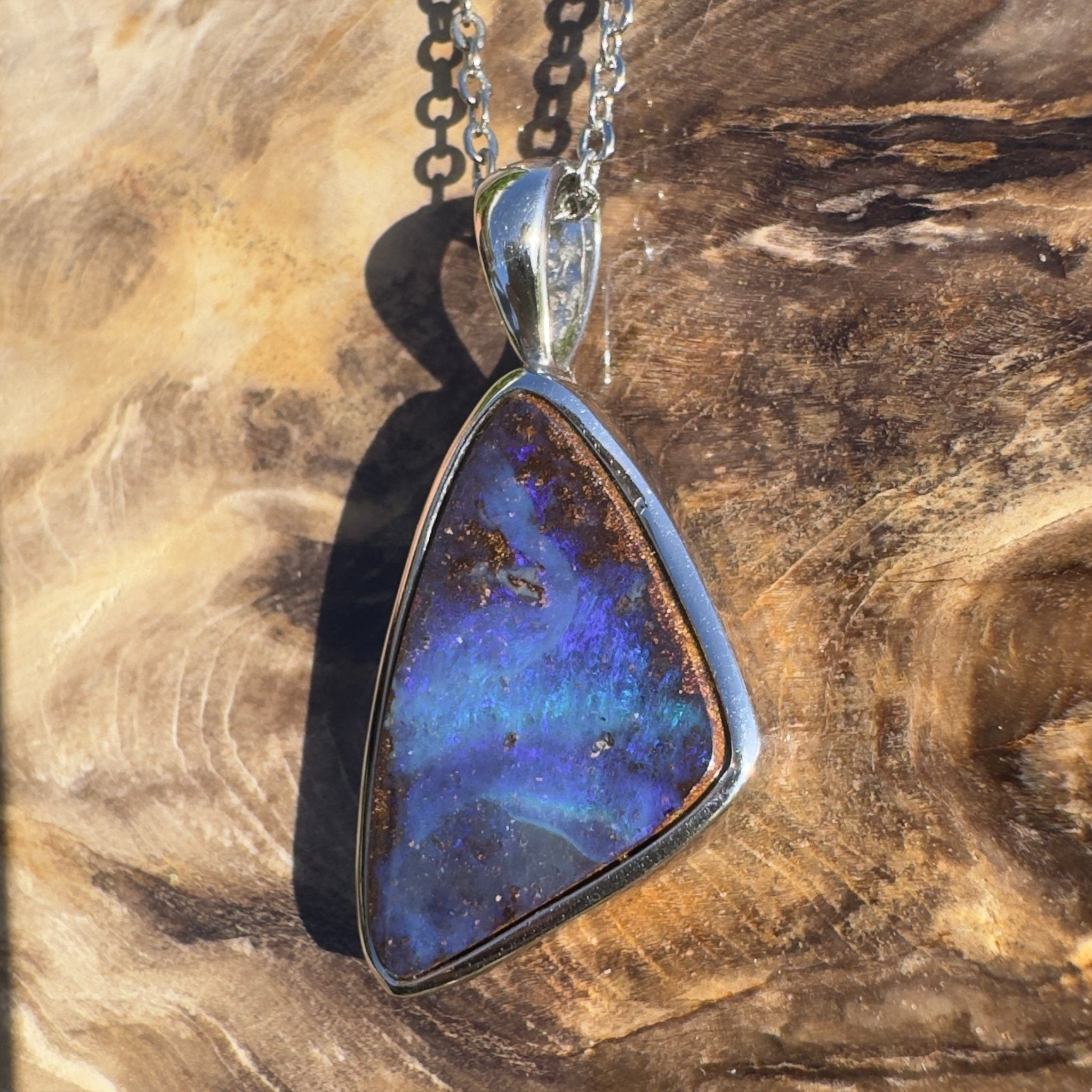 Queensland Deep Tide ~ Queensland Boulder Opal 925 Sterling Silver Pendant Necklace