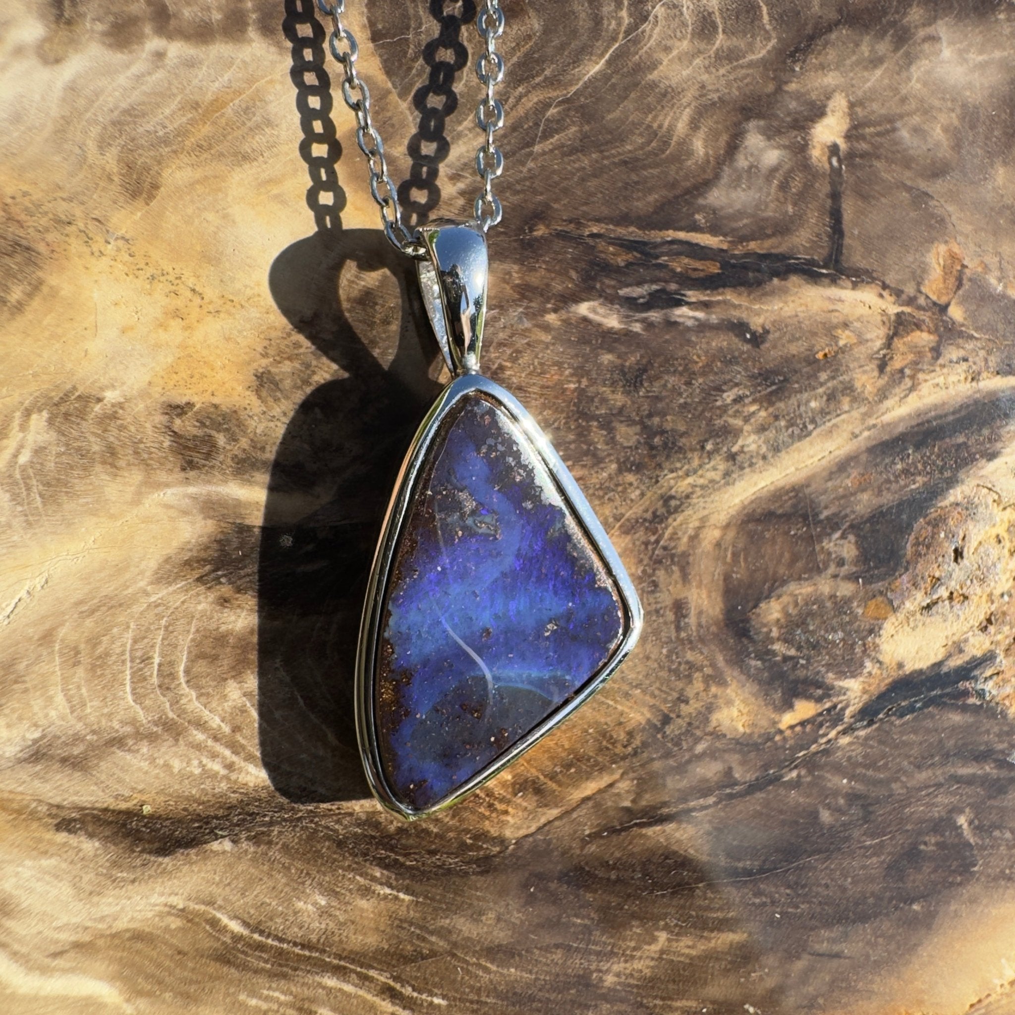 Queensland Deep Tide ~ Queensland Boulder Opal 925 Sterling Silver Pendant Necklace